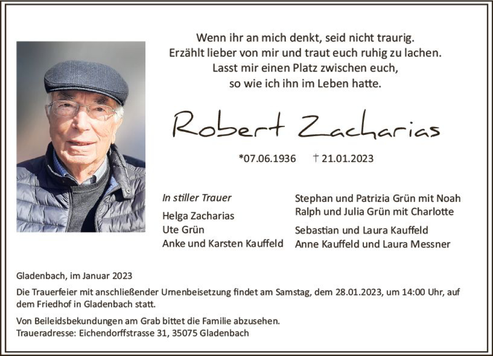  Traueranzeige für Robert Zacharias vom 25.01.2023 aus Hinterländer Anzeiger