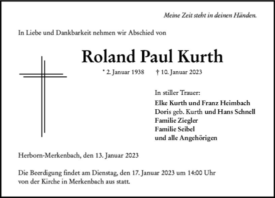 Traueranzeige von Roland Paul Kurth von Dill Block