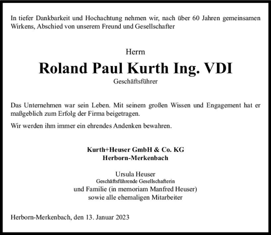 Traueranzeige von Roland Paul Kurth von Dill Block