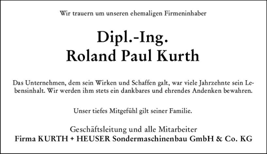 Traueranzeige von Roland Paul Kurth von Dill Block