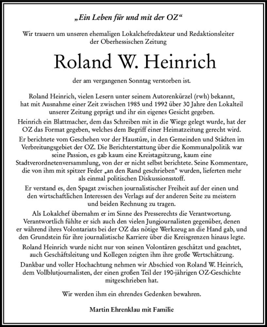 Traueranzeige von Roland W. Heinrich von VRM Trauer