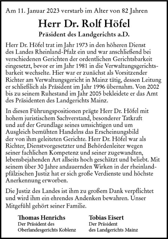 Traueranzeige von Rolf Höfel von Allgemeine Zeitung Mainz