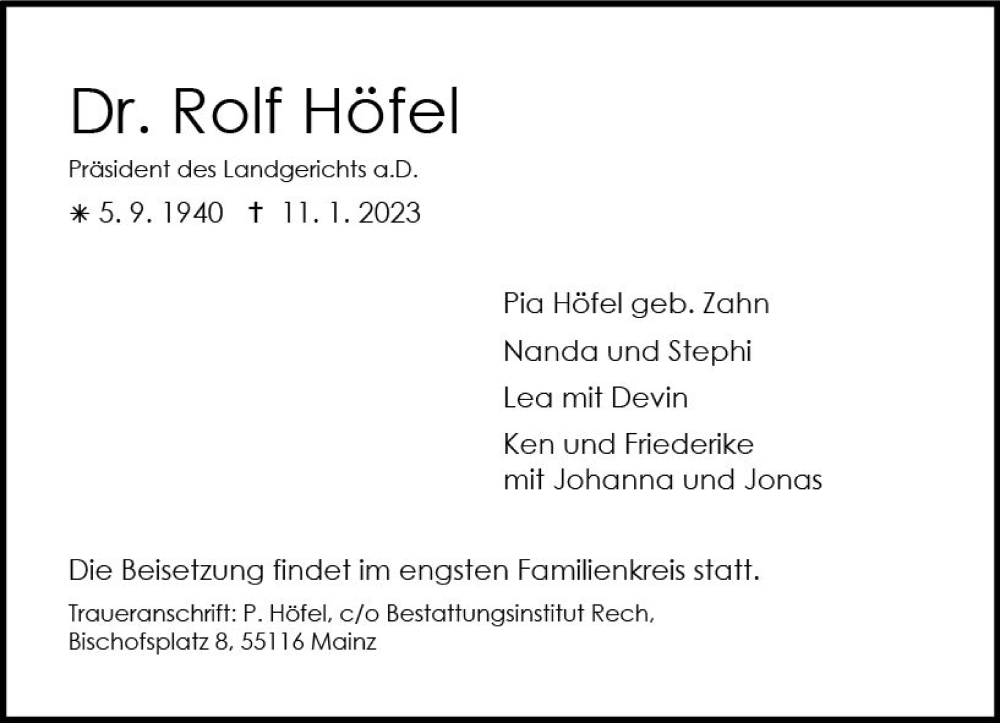  Traueranzeige für Rolf Höfel vom 14.01.2023 aus Allgemeine Zeitung Mainz