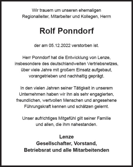 Traueranzeige von Rolf Ponndorf von Dill Block