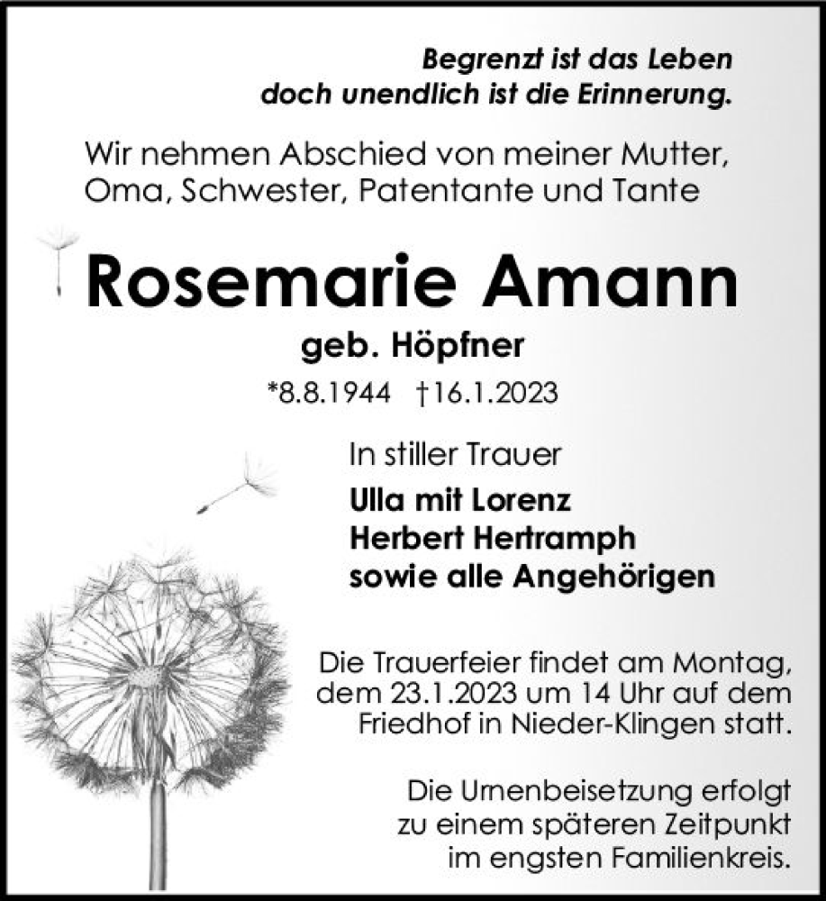  Traueranzeige für Rosemarie Amann vom 21.01.2023 aus Darmstädter Echo