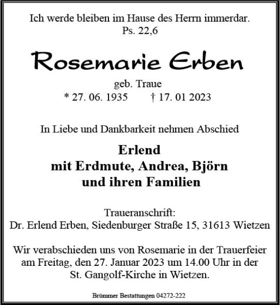 Traueranzeige von Rosemarie Erben von Darmstädter Echo