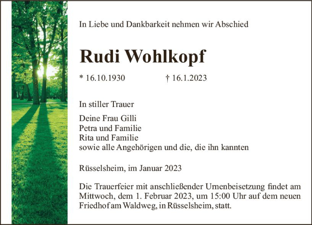  Traueranzeige für Rudi Wohlkopf vom 28.01.2023 aus Rüsselsheimer Echo