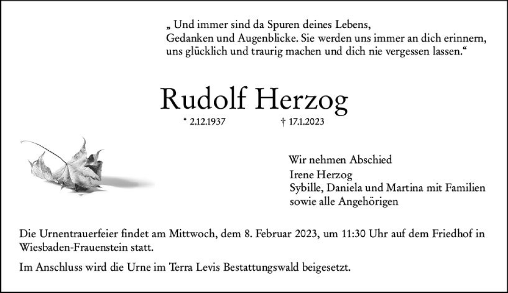  Traueranzeige für Rudolf Herzog vom 28.01.2023 aus Wiesbadener Kurier gesamt