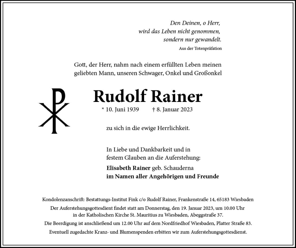  Traueranzeige für Rudolf Rainer vom 14.01.2023 aus Wiesbadener Kurier gesamt