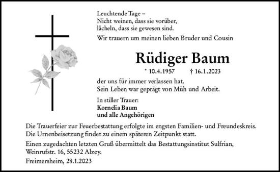 Traueranzeige von Rüdiger Baum von Allgemeine Zeitung Alzey