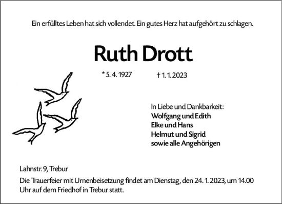 Traueranzeige von Ruth Drott von Groß-Gerauer Echo