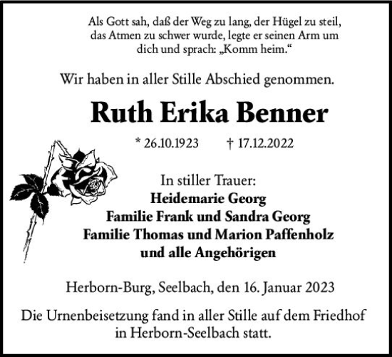 Traueranzeige von Ruth Erika Benner von Dill Block