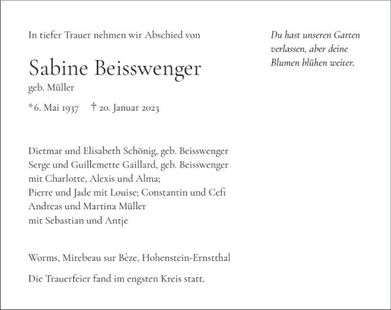 Traueranzeige von Sabine Beisswenger von Wormser Zeitung