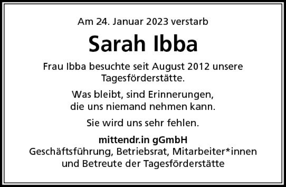  Traueranzeige für Sarah Ibba vom 28.01.2023 aus Allgemeine Zeitung Ingelheim-Bingen