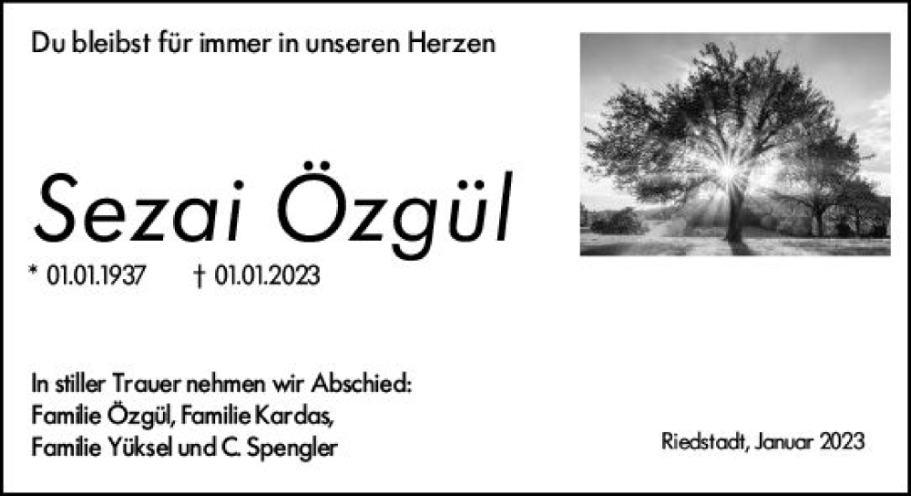  Traueranzeige für Sezai Özgül vom 18.01.2023 aus Darmstädter Echo
