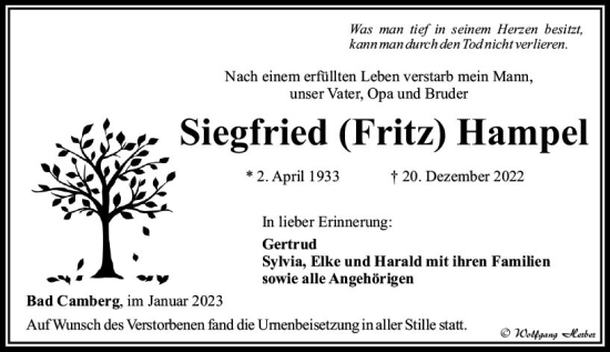 Traueranzeige von Siegfried Hampel von Camberger Anzeiger