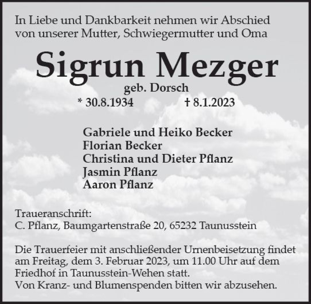  Traueranzeige für Sigrun Mezger vom 28.01.2023 aus Idsteiner Land / Untertaunus Kurier