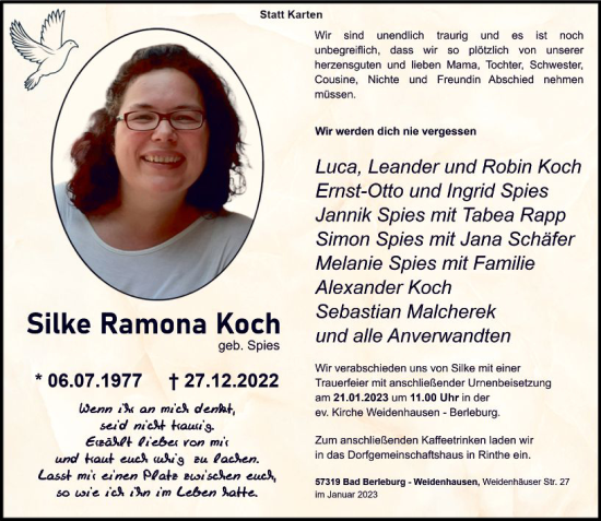 Traueranzeige von Silke Ramona Koch von Weilburger Tageblatt