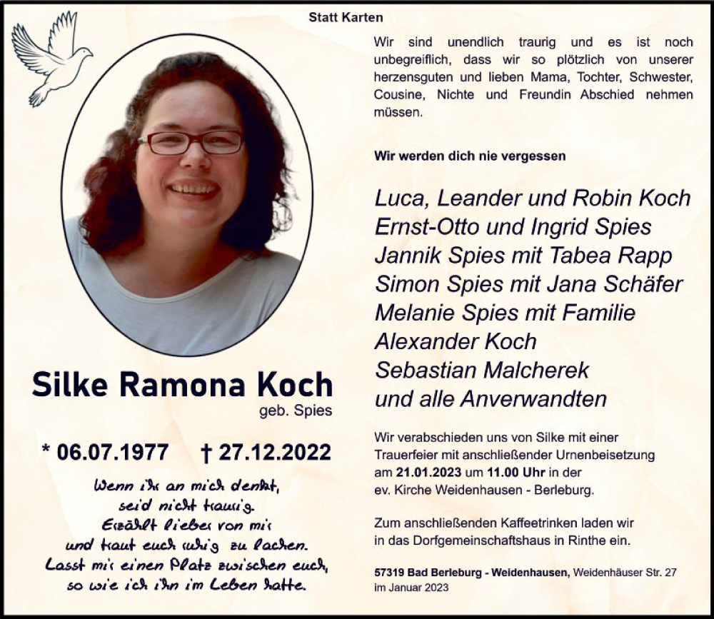  Traueranzeige für Silke Ramona Koch vom 18.01.2023 aus Weilburger Tageblatt