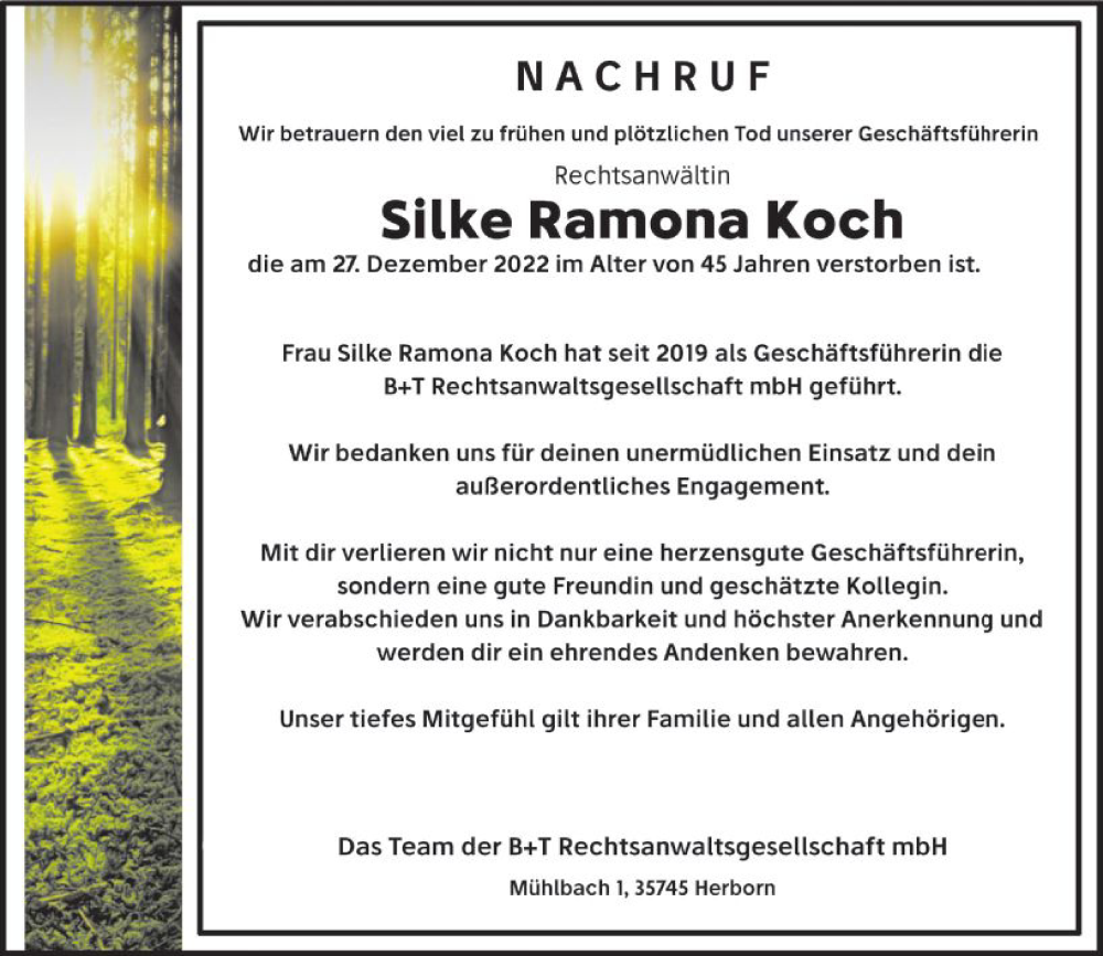  Traueranzeige für Silke Ramona Koch vom 18.01.2023 aus Hinterländer Anzeiger
