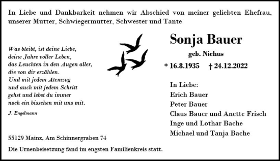 Traueranzeige von Sonja Bauer von Allgemeine Zeitung Mainz