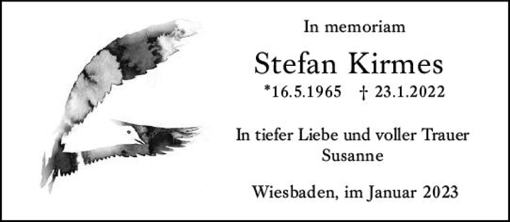  Traueranzeige für Stefan Kirmes vom 23.01.2023 aus Wiesbadener Kurier gesamt