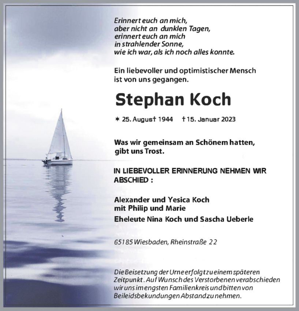  Traueranzeige für Stephan Koch vom 28.01.2023 aus Allgemeine Zeitung Alzey