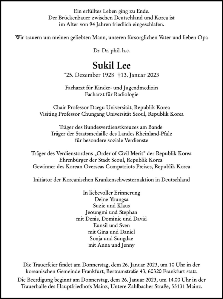  Traueranzeige für Sukil Lee vom 21.01.2023 aus Allgemeine Zeitung Mainz