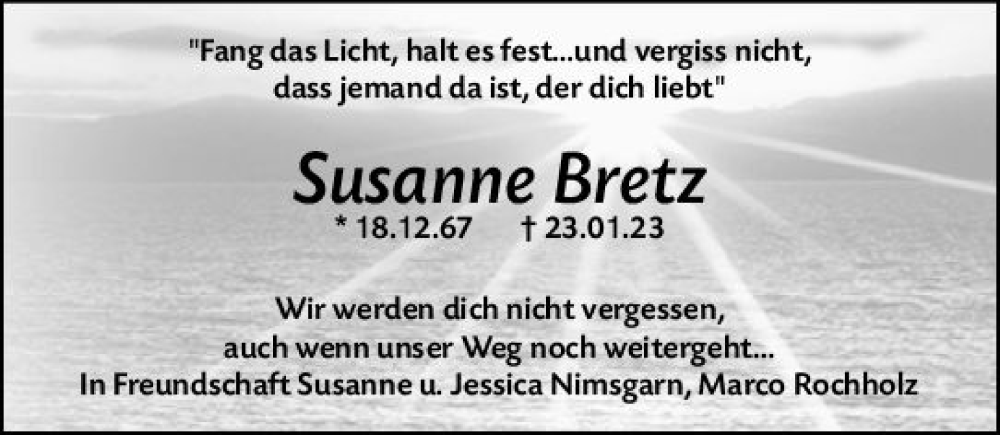  Traueranzeige für Susanne Bretz vom 28.01.2023 aus Allgemeine Zeitung Mainz