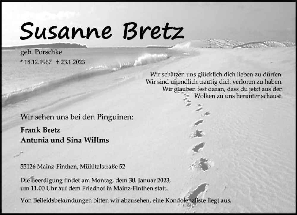  Traueranzeige für Susanne Bretz vom 28.01.2023 aus Allgemeine Zeitung Mainz