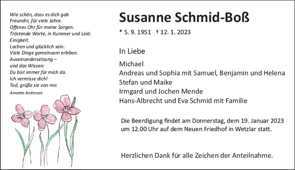  Traueranzeige für Susanne Schmid-Boß vom 16.01.2023 aus Wetzlarer Neue Zeitung