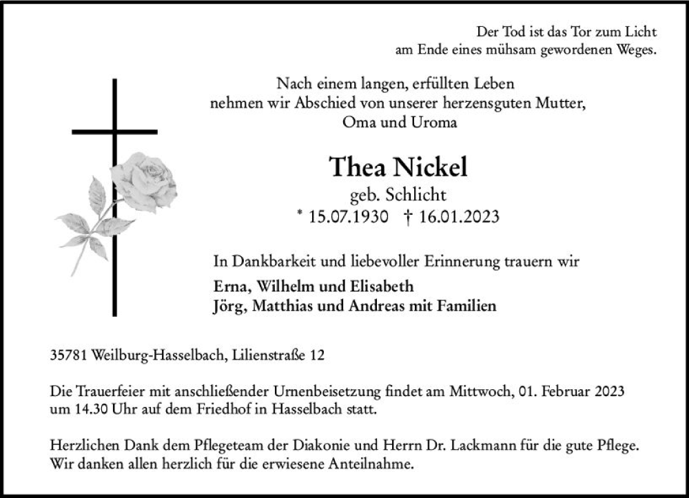  Traueranzeige für Thea Nickel vom 28.01.2023 aus Weilburger Tageblatt