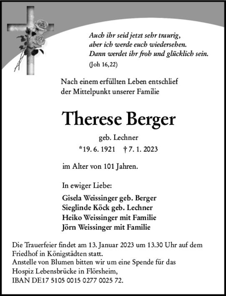  Traueranzeige für Therese Berger vom 11.01.2023 aus vrm-trauer Rüsselsheimer Echo / MainSpitze