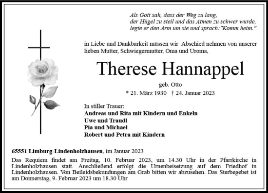 Traueranzeige von Therese Hannappel von Nassauische Neue Presse