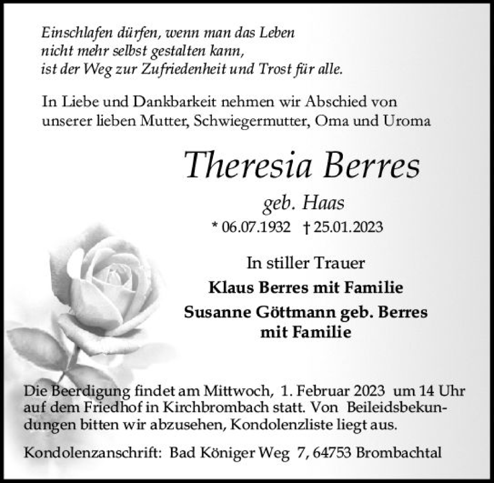 Traueranzeige für Theresia Berres vom 28.01.2023 aus Odenwälder Echo
