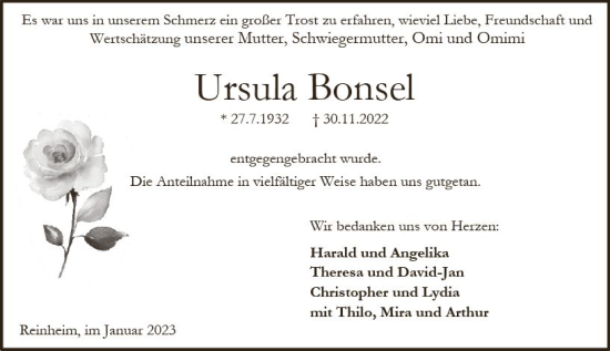 Traueranzeige von Ursula Bonsel von Darmstädter Echo