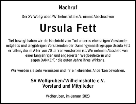 Traueranzeige von Ursula Fett von Hinterländer Anzeiger