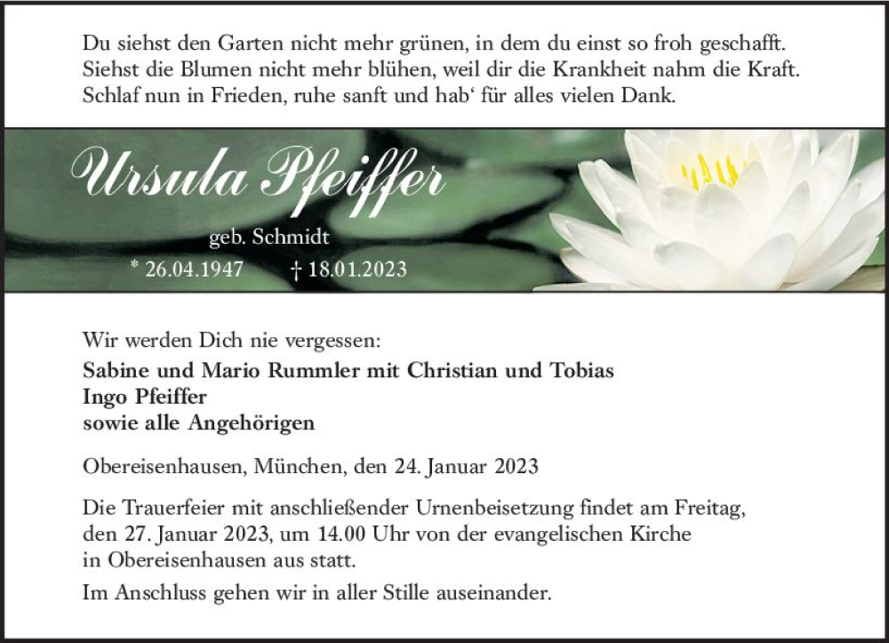  Traueranzeige für Ursula Pfeiffer vom 24.01.2023 aus Hinterländer Anzeiger