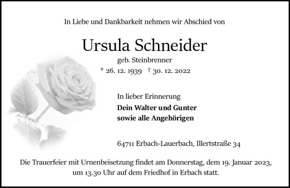  Traueranzeige für Ursula Schneider vom 14.01.2023 aus Odenwälder Echo