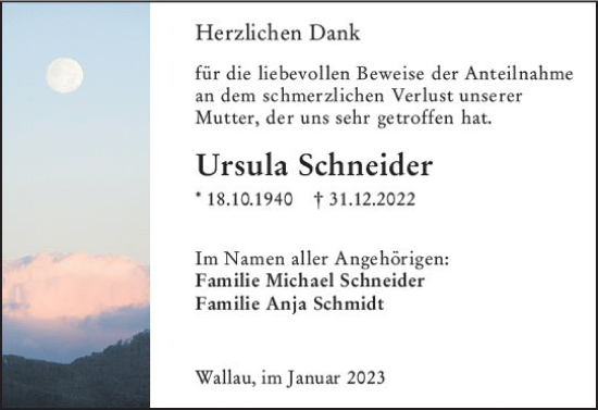 Traueranzeige von Ursula Schneider von Hinterländer Anzeiger
