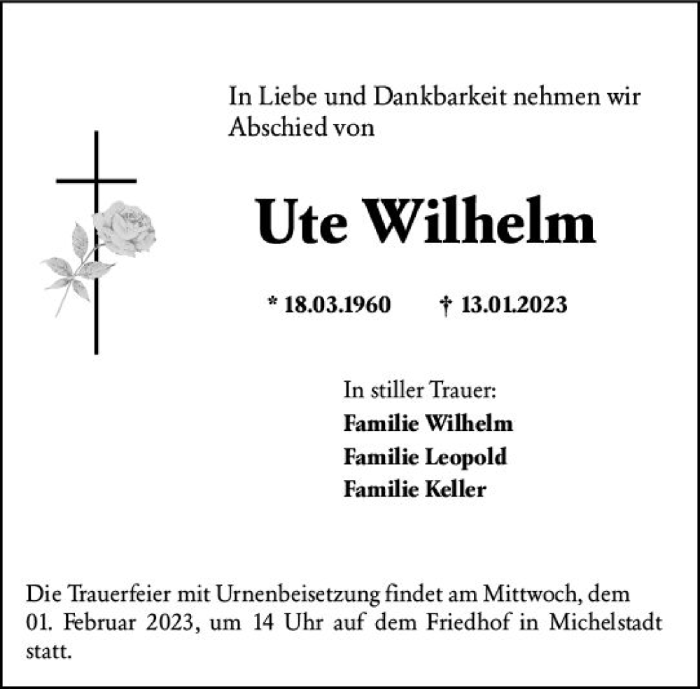  Traueranzeige für Ute Wilhelm vom 28.01.2023 aus Odenwälder Echo
