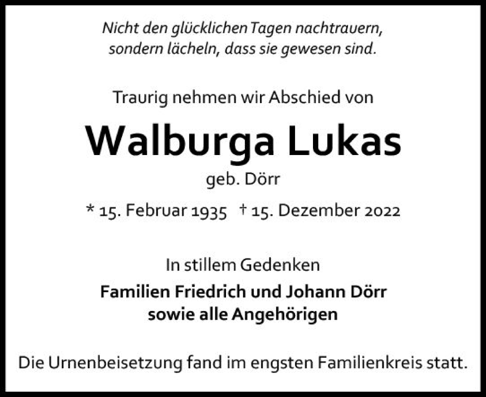  Traueranzeige für Walburga Lukas vom 28.01.2023 aus Allgemeine Zeitung Mainz