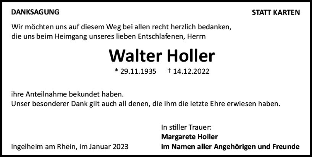  Traueranzeige für Walter Holler vom 21.01.2023 aus Allgemeine Zeitung Ingelheim-Bingen