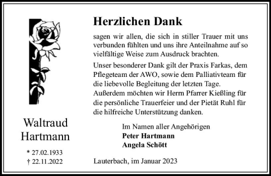 Traueranzeige von Waltraud Hartmann von OK Oberhessen Kurier