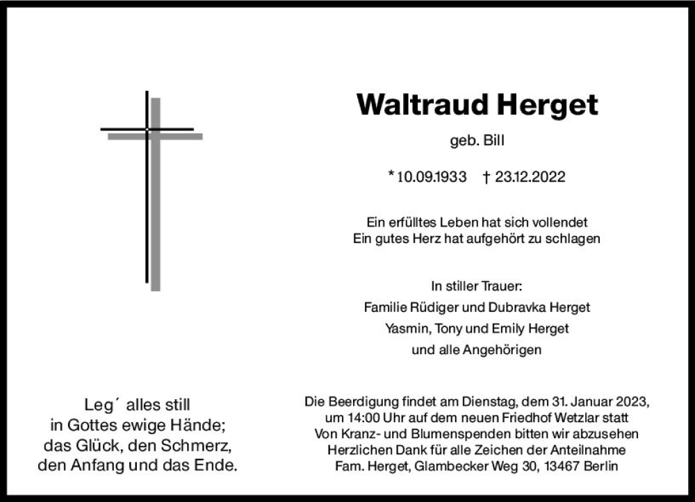  Traueranzeige für Waltraud Herget vom 24.01.2023 aus Wetzlarer Neue Zeitung