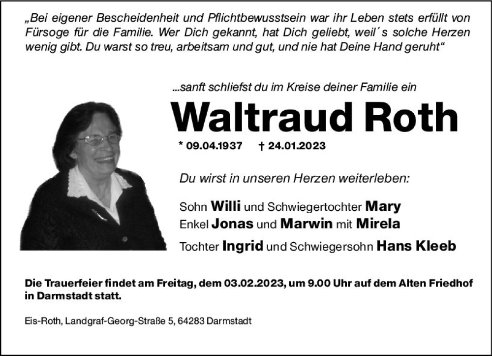  Traueranzeige für Waltraud Roth vom 28.01.2023 aus Darmstädter Echo