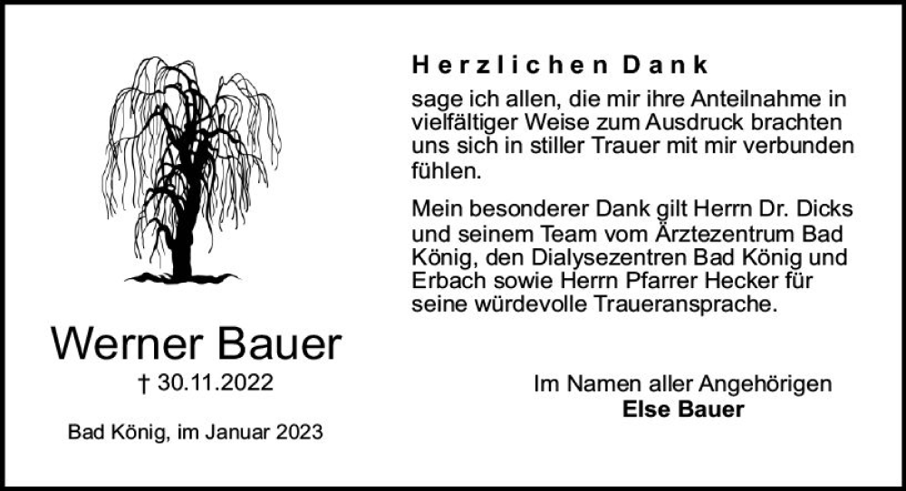  Traueranzeige für Werner Bauer vom 14.01.2023 aus Odenwälder Echo