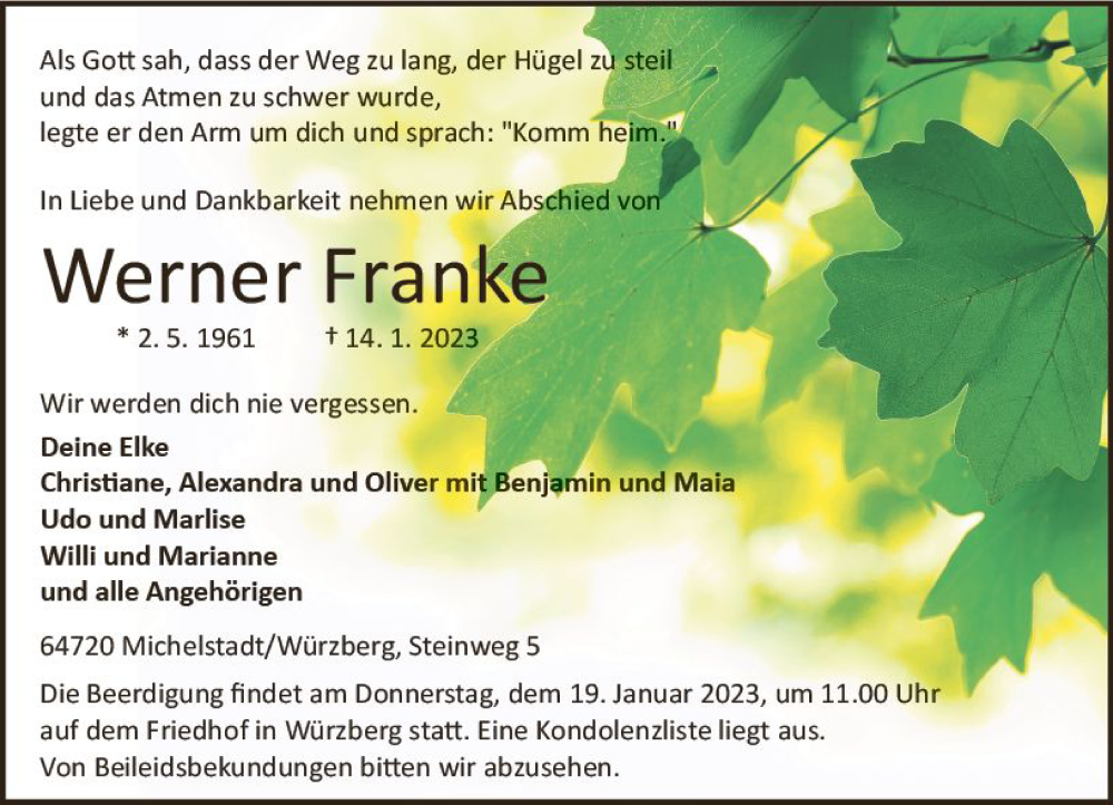  Traueranzeige für Werner Franke vom 18.01.2023 aus Odenwälder Echo
