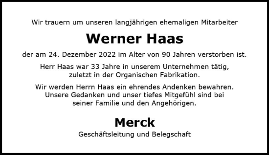 Traueranzeige von Werner Haas von Darmstädter Echo