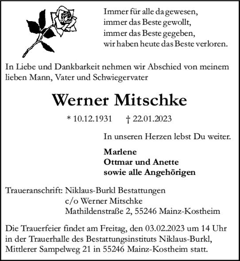  Traueranzeige für Werner Mitschke vom 28.01.2023 aus Allgemeine Zeitung Mainz